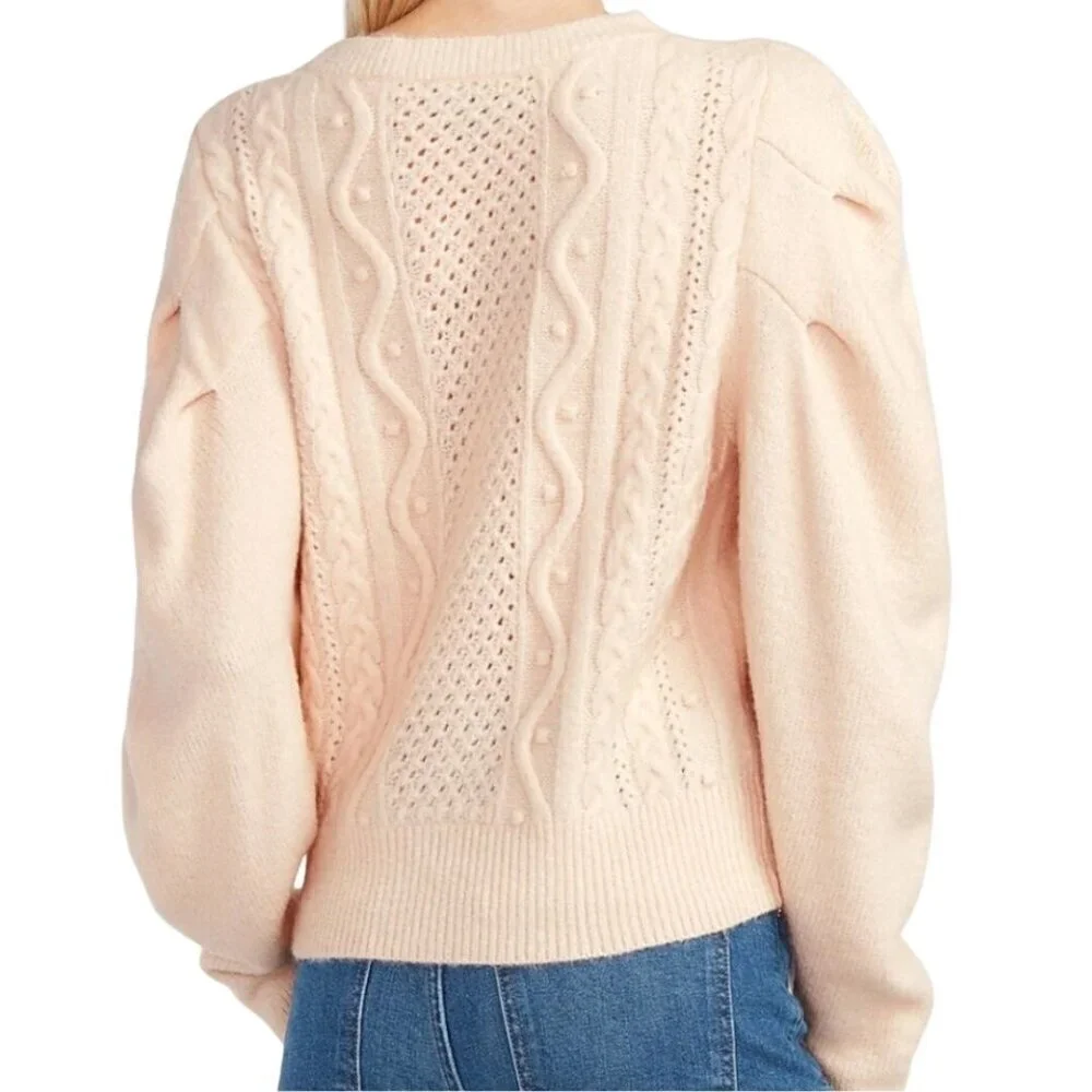 Express Blush Exaggerated Puff Sleeve Cable Knit Acrylic Wool Blend Sweater Size